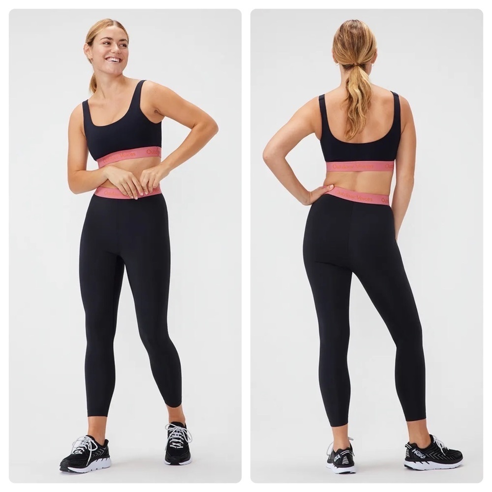 OUTDOOR VOICES Smooth 7/8 Leggings, Black with Desert Rose Spellout Band, Size M